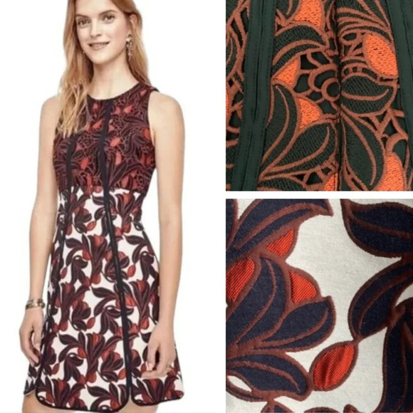 Ann Taylor Vine Lace Jacquard Flared Mini Dress Orange Black 29848 - Picture 1 of 16
